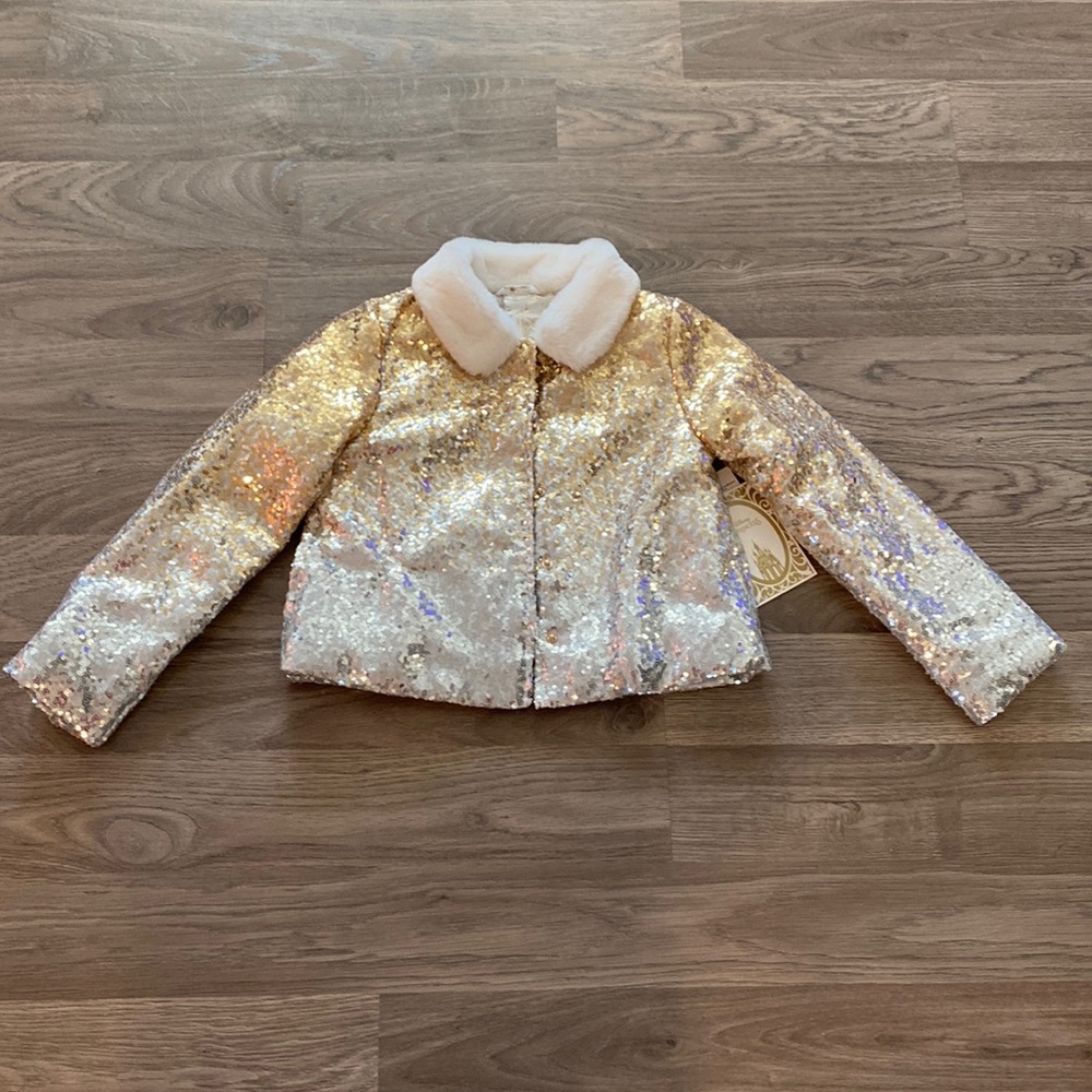 New Disney Princesses Ombre Sequin Jacket with Faux Fur Collar sz 5/6